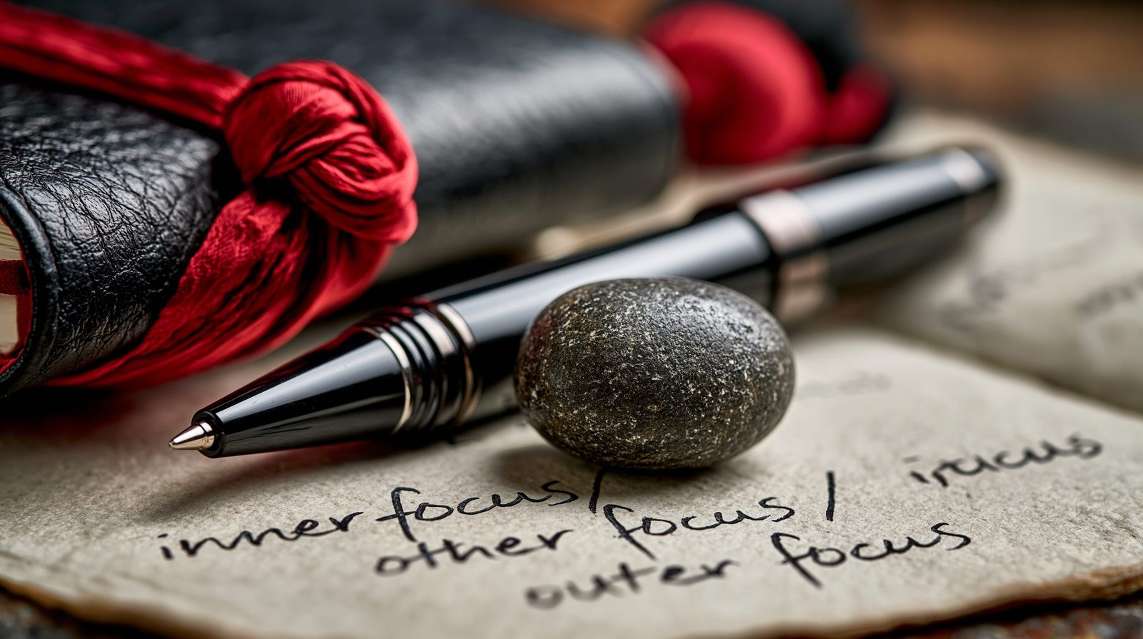 A leather journal, pen and stone with notes on inner, other and outer focus
