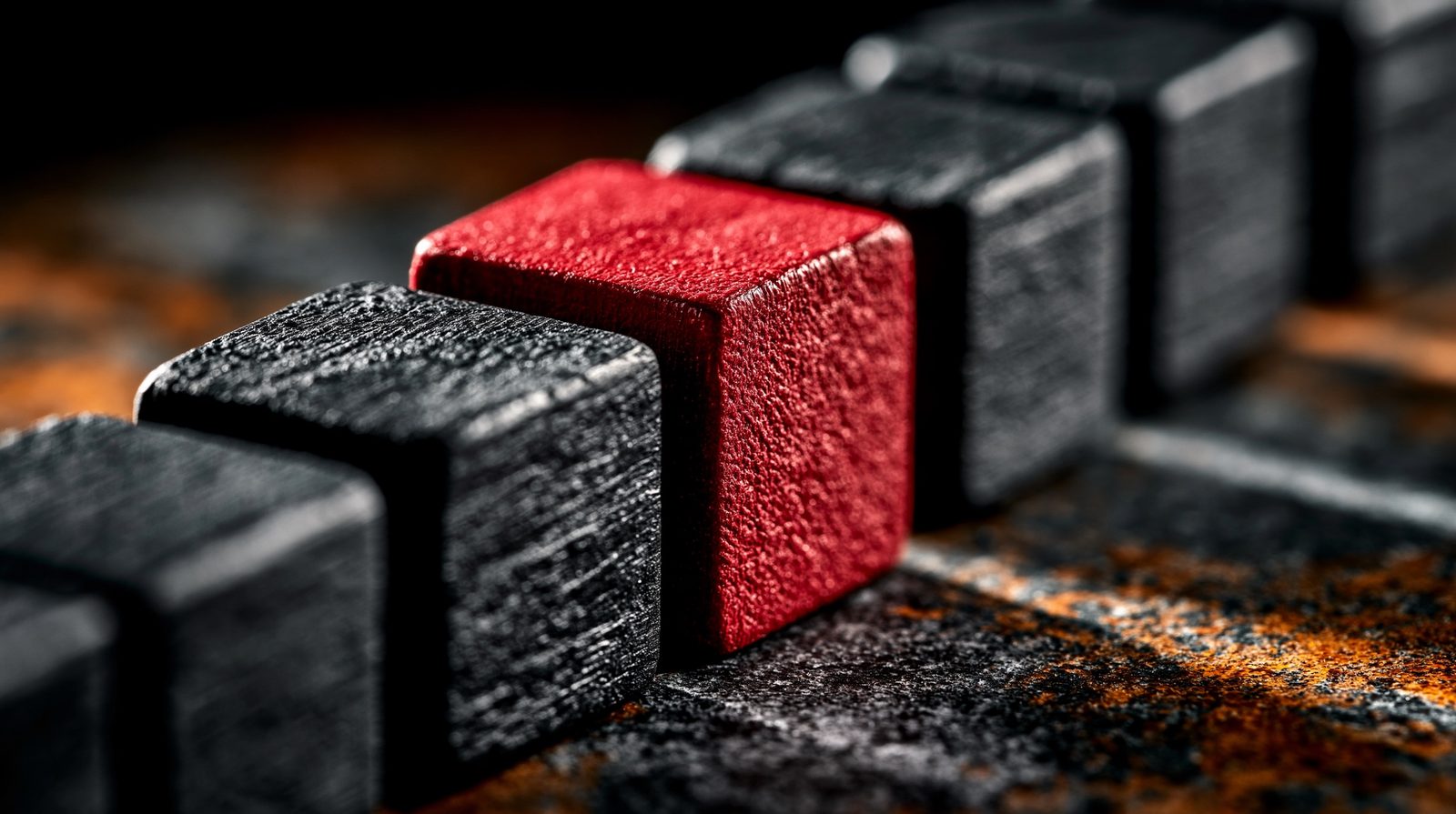 A single red wooden block standing out among a row of black blocks